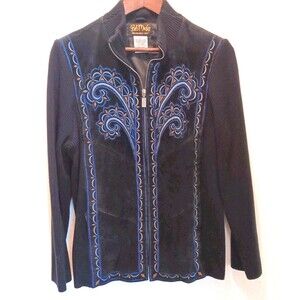 Bob Mackie Wearable Art Black Suede Leather Jacket Embroidered Knit Sleeves Sz M